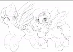 Size: 1110x793 | Tagged: safe, artist:tamabel, derpibooru import, pipp petals, zipp storm, pegasus, pony, g5, duo, duo female, female, flying, image, jpeg, looking at each other, looking at someone, monochrome, royal sisters (g5), siblings, simple background, sisters, sketch, white background, wings