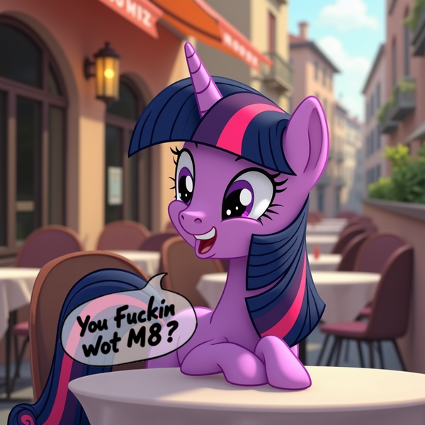 Size: 1024x1024 | Tagged: safe, ai content, derpibooru import, generator:fluxai, machine learning generated, prompter:buttonfixer, twilight sparkle, pony, unicorn, g4, british slang, derpibooru exclusive, female, horn, image, missing cutie mark, png, restaurant, solo, solo female, speech bubble, swearing, vulgar