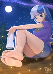 Size: 2480x3425 | Tagged: safe, artist:focusb, derpibooru import, minuette, human, equestria girls, g4, barefoot, breasts, busty minuette, camp everfree outfits, feet, female, full moon, high res, human coloration, image, jpeg, moon, night, sock, solo