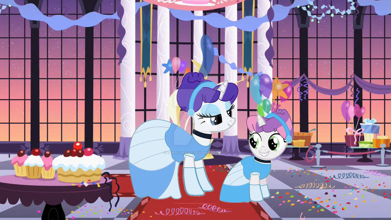 Size: 1920x1080 | Tagged: safe, artist:brightstar40k, artist:iamscar2017, derpibooru import, rarity, sweetie belle, pony, alternate hairstyle, belle sisters, cinderella, clothes, dress, duo, evening gloves, eyeshadow, female, filly, foal, gloves, gown, grand galloping gala, grin, hairband, image, jpeg, lidded eyes, long gloves, looking at each other, looking at someone, makeup, mare, siblings, sisters, smiling, smiling at each other