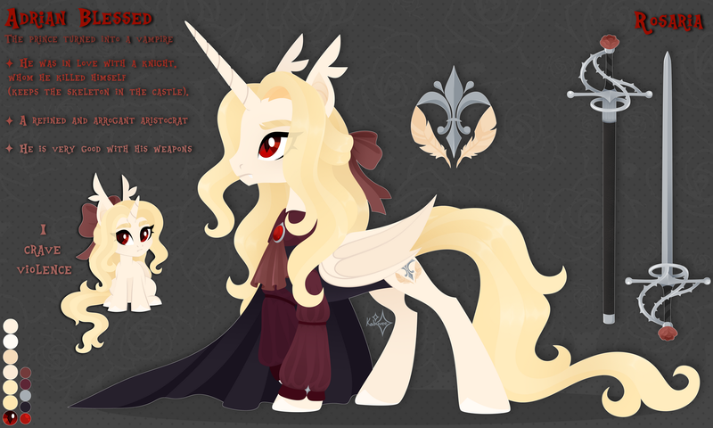 Size: 1920x1152 | Tagged: safe, artist:kabuvee, derpibooru import, oc, oc:adrian blessed, alicorn, bat pony, bat pony alicorn, pony, undead, vampire, vampony, bat wings, clothes, horn, image, male, png, reference sheet, solo, stallion, sword, weapon, wings