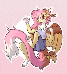 Size: 1800x2000 | Tagged: safe, artist:kabuvee, derpibooru import, oc, oc:vanilla wisp, anthro, draconequus, hybrid, clothes, female, image, interspecies offspring, offspring, parent:discord, parent:fluttershy, parents:discoshy, png, solo