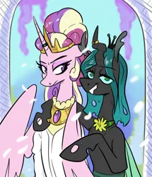 Size: 1852x2153 | Tagged: safe, artist:smirk, derpibooru import, princess cadance, queen chrysalis, semi-anthro, alternate universe, annoyed, bucktooth, clothes, crown, dress, duo, flower, hair up, image, jewelry, jpeg, lidded eyes, marriage, regalia