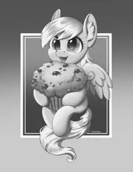 Size: 1738x2249 | Tagged: safe, artist:taytinabelle, derpibooru import, derpy hooves, pegasus, pony, black and white, ear fluff, female, floating, food, gradient background, grayscale, halftone, happy, hoof hold, image, looking at you, manga style, mare, monochrome, muffin, png, simple background, smiling, solo, spread wings, wings