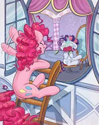 Size: 2564x3245 | Tagged: safe, artist:krista-21, derpibooru import, pinkie pie, rarity, earth pony, unicorn, g4, carousel boutique, commissioner:shaddar, cucumber, cute, eyes closed, female, food, greeting, hair curlers, horn, image, interior, ladder, lesbian, looking at each other, looking at someone, makeup, png, scared, screaming, ship:raripie, shipping, smiling, smiling at each other, window