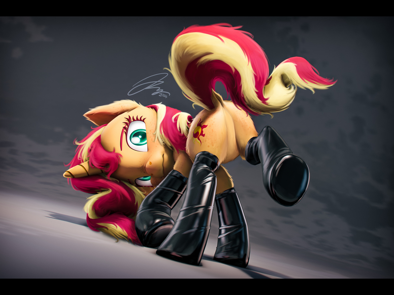 Size: 7200x5400 | Tagged: suggestive, artist:imafutureguitarhero, derpibooru import, sunset shimmer, pony, unicorn, g4, 3d, :s, absurd file size, absurd resolution, belly fluff, black bars, blushing, blushing profusely, bunset shimmer, butt, butt blush, butt fluff, butt freckles, cheek fluff, chin fluff, chromatic aberration, clothes, colored eyebrows, colored eyelashes, dock, dock fluff, dutch angle, ear fluff, ear freckles, featureless crotch, female, film grain, fluffy, freckles, fur, hoof fluff, horn, image, inspired by another artist, jpeg, latex, latex socks, leg fluff, leg freckles, letterboxing, looking at you, looking back, looking back at you, mare, multicolored hair, multicolored mane, multicolored tail, one ear down, peppered bacon, plot, revamped ponies, signature, skindentation, socks, solo, solo female, source filmmaker, tail, underhoof, wall of tags, wavy mouth