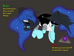 Size: 4800x3600 | Tagged: safe, artist:ponny, derpibooru import, nightmare moon, alicorn, pony, blushing, clothes, drawthread, fangs, female, flying, image, maid, maid headdress, mare, png, request, requested art, runescape, simple background, socks, solo, text