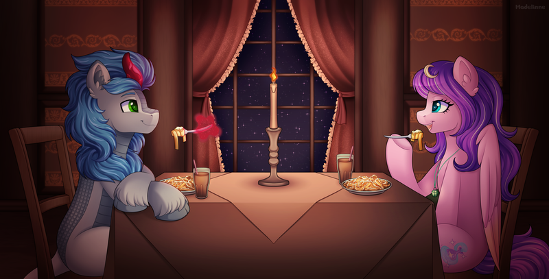 Size: 3000x1527 | Tagged: safe, artist:madelinne, derpibooru import, oc, oc:aspen, unofficial characters only, pony, candle, chair, chocolate, chocolate milk, duo, duo male and female, female, food, image, male, mare, milk, pasta, png, restaurant, stallion, table, window