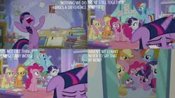 Size: 2000x1125 | Tagged: safe, derpibooru import, edit, edited screencap, editor:quoterific, screencap, applejack, fluttershy, pinkie pie, rainbow dash, rarity, spike, twilight sparkle, twilight sparkle (alicorn), alicorn, dragon, g4, the ending of the end, book, floppy ears, image, mane six, nose wrinkle, png, winged spike, wings