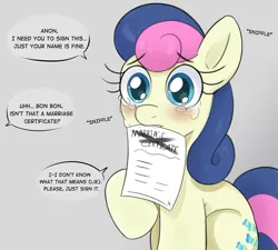 Size: 2000x1800 | Tagged: safe, artist:anonymous, derpibooru import, bon bon, sweetie drops, oc, oc:anon, earth pony, pony, g4, adorable distress, adorabon, blushing, crying, cute, drawthread, eyebrows, eyebrows visible through hair, image, marriage certificate, offscreen character, offscreen human, one-panel comic, png, ponified comic, ponified manga, requested art, sad, sadorable, scam, sniffling, teary eyes