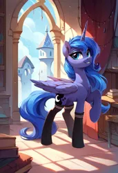 Size: 800x1169 | Tagged: safe, ai content, derpibooru import, machine learning generated, prompter:gregorymars, stable diffusion, princess luna, alicorn, pony, g4, clothes, female, generator:pony diffusion v6 xl, image, jpeg, mare, socks, solo