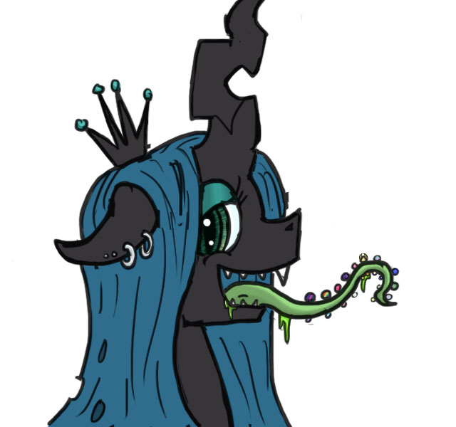 Size: 640x600 | Tagged: safe, artist:rainbow-dosh, derpibooru import, queen chrysalis, changeling, changeling queen, /mlp/, 4chan, drawthread, drool, ear piercing, earring, eyeshadow, fangs, female, floppy ears, image, jewelry, jpeg, long tongue, looking at you, makeup, open mouth, piercing, slit eyes, smiling, solo, tongue out, tongue piercing