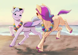 Size: 4132x2919 | Tagged: safe, artist:daisy_marshmallow, derpibooru import, queen haven, sunny starscout, pegasus, pony, g5, absurd resolution, beach, blushing, crepuscular rays, duo, duo female, female, flower, image, lei, lesbian, looking at each other, looking at someone, mare, ocean, png, raised hoof, raised hooves, ship:sunnyhaven, shipping, smiling, smiling at each other, sunglasses, sunglasses on head, sunlight, unshorn fetlocks, walking, water