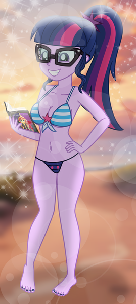 Size: 897x2000 | Tagged: safe, artist:emeraldblast63, derpibooru import, sci-twi, twilight sparkle, human, equestria girls, g4, beach, belly, belly button, bikini, book, breasts, busty twilight sparkle, cleavage, clothes, female, grin, hand on hip, image, nail polish, png, smiling, swimsuit