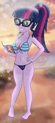 Size: 897x2000 | Tagged: safe, artist:emeraldblast63, derpibooru import, sci-twi, twilight sparkle, human, equestria girls, g4, beach, belly, belly button, bikini, book, breasts, busty twilight sparkle, cleavage, clothes, female, grin, hand on hip, image, nail polish, png, smiling, swimsuit