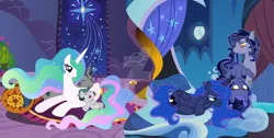 Size: 1280x646 | Tagged: safe, artist:velveagicsentryyt, derpibooru import, king sombra, princess celestia, princess luna, oc, oc:batty, oc:jade, oc:starlit luminary, bat pony, pony, female, filly, foal, good king sombra, image, offspring, parent:king sombra, parent:princess celestia, parent:princess luna, parents:celestibra, png, sleeping