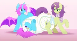 Size: 4800x2545 | Tagged: suggestive, artist:shuphle, derpibooru import, oc, oc:chroma wave, oc:sky spark, unofficial characters only, alicorn, bat pony, bat pony alicorn, pony, unicorn, bat wings, blushing, butt to butt, butt touch, clothes, diaper, diaper butt, diaper fetish, female, femboy, fetish, heart, horn, image, impossibly large diaper, lipstick, male, mare, non-baby in diaper, png, poofy diaper, raised hoof, scarf, shipping, stallion, straight, wings