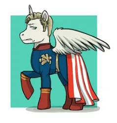 Size: 1276x1339 | Tagged: safe, artist:ichigomaru, derpibooru import, ponified, alicorn, pony, cape, clothes, crossover, fanart, homelander, image, male, png, solo, stallion, suit, superhero, the boys