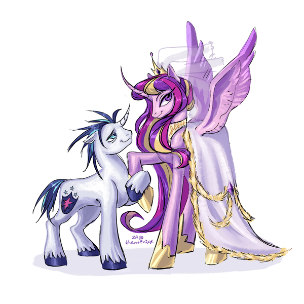 Size: 2048x2048 | Tagged: safe, artist:phantonixx, derpibooru import, princess cadance, shining armor, alicorn, pony, unicorn, g4, clothes, dress, duo, female, horn, image, male, mare, marriage, meme, png, ship:shiningcadance, shipping, simple background, smiling, spread wings, stallion, straight, the bride and the ugly ass groom, veil, wedding, wedding dress, wedding veil, white background, wings