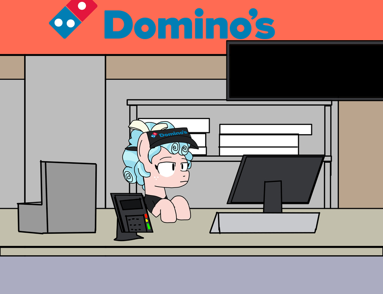 Size: 6500x5000 | Tagged: safe, artist:mixelscraft64, derpibooru import, cozy glow, pegasus, pony, cash register, cashier, desk, domino's, domino's pizza, food, goanimate, image, jpeg, logo, pizza, pizza box, redraw, scene recreation