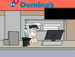 Size: 6500x5000 | Tagged: safe, artist:mixelscraft64, derpibooru import, cozy glow, pegasus, pony, cash register, cashier, desk, domino's, domino's pizza, food, goanimate, image, jpeg, logo, pizza, pizza box, redraw, scene recreation