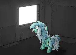 Size: 4656x3396 | Tagged: safe, artist:background basset, derpibooru import, lyra heartstrings, pony, unicorn, g4, corrupted, cracks, dirty, edgy, horn, image, messy mane, png, solo, window