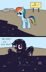 Size: 2000x3117 | Tagged: safe, artist:amateur-draw, derpibooru import, rainbow dash, pegasus, pony, covered in tar, female, image, mare, png, sign, simple background, solo, solo female, tar, tar pit, tar pony, wings