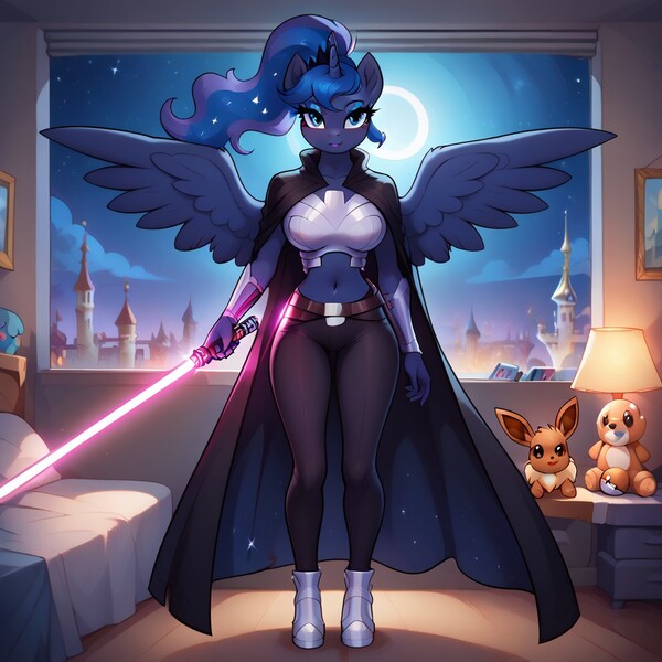 Size: 1024x1024 | Tagged: safe, ai content, derpibooru import, generator:civitai, machine learning generated, prompter:shajoe, stable diffusion, princess luna, alicorn, anthro, gamer luna, belly, belly button, clothes, cosplay, costume, generator:pony diffusion v6 xl, image, jedi, jpeg, lightsaber, purple lightsaber, robe, star wars, weapon