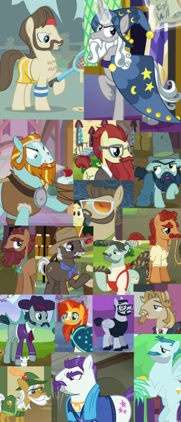 Size: 744x1728 | Tagged: safe, derpibooru import, screencap, ace point, big daddy mccolt, colter sobchak, jeff letrotski, mr. stripes, rockhoof, star swirl the bearded, sunburst, earth pony, pegasus, pony, unicorn, a rockhoof and a hard place, call of the cutie, g4, the hooffields and mccolts, the last problem, beard, facial hair, horn, image, male, mccolt family, moustache, png, stallion