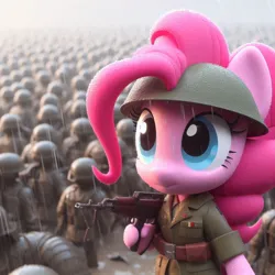 Size: 1024x1024 | Tagged: safe, ai content, derpibooru import, machine learning generated, pinkie pie, g4, army, army helmet, female, helmet, image, jpeg, prompter:pinkiepiepics