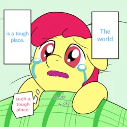 Size: 900x900 | Tagged: safe, artist:unitxxvii, derpibooru import, apple bloom, ponified, earth pony, pony, bed, female, filly, foal, image, meme, on bed, open mouth, png, ponified meme, sheet, sobbing, speech bubble, text