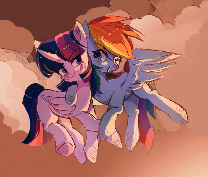 Size: 1080x916 | Tagged: safe, artist:13748633, derpibooru import, rainbow dash, twilight sparkle, twilight sparkle (alicorn), alicorn, pegasus, pony, cloud, female, flying, grin, image, lesbian, mare, one eye closed, png, shipping, smiling, spread wings, twidash, wings, wink