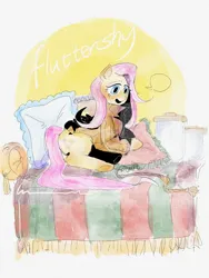 Size: 1080x1440 | Tagged: safe, artist:wobushicainiao, derpibooru import, fluttershy, pegasus, pony, bed, clothes, image, jar, open mouth, pillow, png, smiling, speech bubble, sweater, sweatershy, text