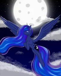 Size: 2972x3654 | Tagged: safe, artist:marbatra, derpibooru import, princess luna, alicorn, crying, flying, image, moon, night, png