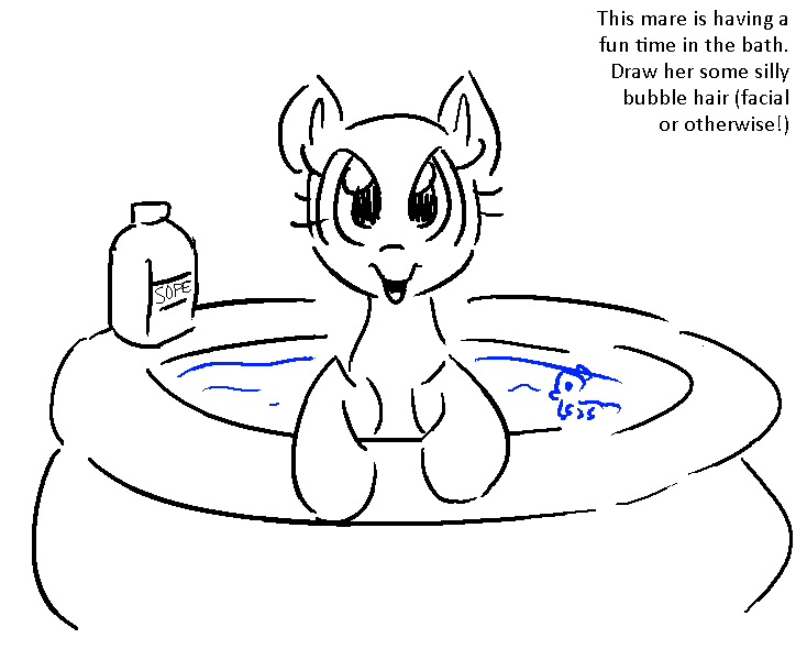 Size: 734x600 | Tagged: safe, artist:anonymous, derpibooru import, pony, g4, bath toy, bathing, bottle, doodle, duochrome, female, image, inflatable pool, kiddie pool, leaning, lineart, looking at you, mare, misspelling, no mane, open mouth, open smile, png, pony base, simple background, smiling, smiling at you, soap, soap bottle, solo, text, water, white background