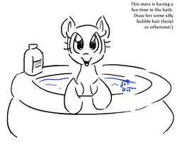 Size: 734x600 | Tagged: safe, artist:anonymous, derpibooru import, pony, g4, bath toy, bathing, bottle, doodle, duochrome, female, image, inflatable pool, kiddie pool, leaning, lineart, looking at you, mare, misspelling, no mane, open mouth, open smile, png, pony base, simple background, smiling, smiling at you, soap, soap bottle, solo, text, water, white background