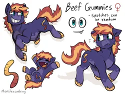 Size: 2160x1620 | Tagged: safe, artist:beefgummies, derpibooru import, oc, oc:beef gummies, unofficial characters only, earth pony, pony, curly hair, curly mane, curly tail, cute, cutie mark, fangs, female, fluffy, grin, gummy worm, hooves, image, multicolored hair, piebald coat, png, redesign, reference sheet, smiling, tail, teal eyes, unshorn fetlocks