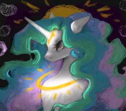 Size: 1800x1600 | Tagged: safe, artist:lunciafnafpl, derpibooru import, princess celestia, alicorn, pony, g4, abstract background, bust, female, floppy ears, halo, horn, image, long horn, mare, png, solo