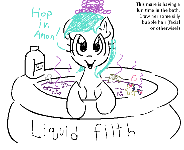 Size: 734x600 | Tagged: safe, artist:anonymous, derpibooru import, editor:nawa, bon bon, lyra heartstrings, sweetie drops, pony, g4, bath toy, bathing, bone, bottle, bubble, dirty, doodle, earth pony lyra heartstrings, female, filth, food, hat, image, implied anon, inflatable pool, invitation, kiddie pool, leaning, lil shid, lineart, looking at you, mare, missing horn, misspelling, oats, open mouth, open smile, png, signature, simple background, skub, smelly, smiling, smiling at you, soap, soap bottle, solo, stink lines, talking to viewer, text, white background