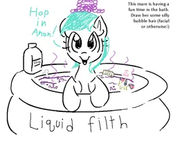 Size: 734x600 | Tagged: safe, artist:anonymous, derpibooru import, editor:nawa, bon bon, lyra heartstrings, sweetie drops, pony, g4, bath toy, bathing, bone, bottle, bubble, dirty, doodle, earth pony lyra heartstrings, female, filth, food, hat, image, implied anon, inflatable pool, invitation, kiddie pool, leaning, lil shid, lineart, looking at you, mare, missing horn, misspelling, oats, open mouth, open smile, png, signature, simple background, skub, smelly, smiling, smiling at you, soap, soap bottle, solo, stink lines, talking to viewer, text, white background