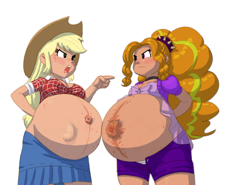 Size: 3178x2472 | Tagged: suggestive, alternate version, artist:carnifex, derpibooru import, adagio dazzle, applejack, human, fanfic:pick your perspective: between a cowgirl and a diva, equestria girls, g4, adagio dat-azzle, adagio preggo, arm behind back, belly, belly button, belly freckles, belly to belly, big belly, breasts, busty applejack, cleavage, clothes, colored, commission, cover art, delicious flat chest, duo, duo female, female, females only, flatdagio dazzle, foot imprints, freckles, front knot midriff, frown, hand on hip, human coloration, image, kicking, linea nigra, low angle, midriff, multiple variants, offscreen character, open frown, open mouth, outie belly button, png, pointing, pov, preggo jack, pregnant, shirt, shorts, simple background, skirt, tight clothing, unbuttoned, vein