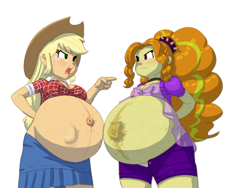 Size: 3178x2472 | Tagged: suggestive, alternate version, artist:carnifex, derpibooru import, adagio dazzle, applejack, human, fanfic:pick your perspective: between a cowgirl and a diva, equestria girls, g4, adagio dat-azzle, adagio preggo, arm behind back, belly, belly button, belly freckles, belly to belly, big belly, breasts, busty applejack, cleavage, clothes, colored, commission, cover art, delicious flat chest, duo, duo female, female, females only, flatdagio dazzle, foot imprints, freckles, front knot midriff, frown, hand on hip, image, kicking, linea nigra, low angle, midriff, multiple variants, offscreen character, open frown, open mouth, outie belly button, png, pointing, pov, preggo jack, pregnant, shirt, shorts, simple background, skirt, tight clothing, unbuttoned, vein