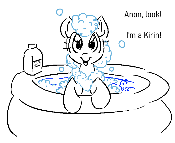 Size: 734x600 | Tagged: safe, artist:anonymous, derpibooru import, pony, g4, bath toy, bathing, bottle, bubble, bubble mane, comic, female, image, implied anon, inflatable pool, kiddie pool, kirin costume, leaning, lineart, looking at you, mare, misspelling, one-panel comic, open mouth, open smile, png, simple background, smiling, smiling at you, soap, soap bottle, solo, talking to viewer, trichrome, water, white background