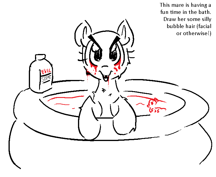 Size: 734x600 | Tagged: safe, artist:anonymous, derpibooru import, edit, oc, unofficial characters only, pony, g4, bath toy, bathing, blood, bottle, canines, chest fluff, doodle, duochrome, evil, female, female oc, image, inflatable pool, kiddie pool, leaning, lineart, looking at you, mare, misspelling, no mane, open mouth, open smile, png, pony base, simple background, smiling, smiling at you, soap, soap bottle, solo, text, white background