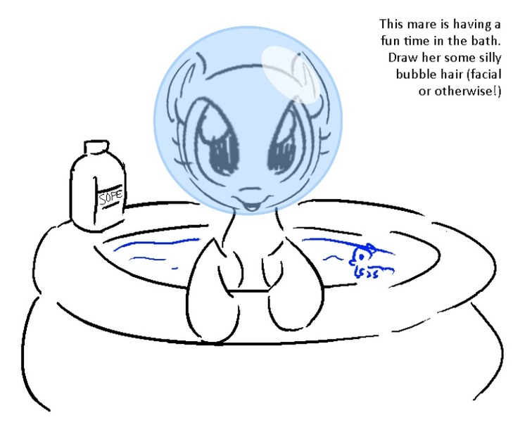 Size: 768x632 | Tagged: safe, artist:anonymous, derpibooru import, pony, g4, bath toy, bathing, bottle, bubble on head, doodle, duochrome, female, image, inflatable pool, jpeg, kiddie pool, leaning, lineart, looking at you, mare, misspelling, no mane, open mouth, open smile, pony base, simple background, smiling, smiling at you, soap, soap bottle, solo, text, water, white background