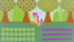 Size: 1920x1080 | Tagged: safe, artist:carrotorangelight, derpibooru import, sunny starscout, earth pony, pony, g5, apple, apple orchard, basket, farm, female, food, fruit, fruit farm, grapes, hoof hold, image, long mane, mare, orange, orange tree, orchard, outdoors, png, pointy ponies, quadrupedal, scrunchie, solo, tree, watermelon