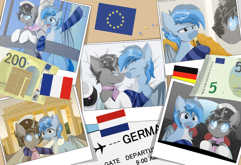 Size: 5700x3900 | Tagged: safe, artist:hovawant, derpibooru import, oc, oc:rosie clockwork, oc:simon pegasus, bat pony, changeling, pegasus, pony, berlin, clothes, detailed, driving, duo, duo male, eating, europe, france, germany, glasses, glow, glowing eyes, hat, high res, image, male, neckerchief, netherlands, nose to nose, png, polaroid, snoot, snuggling, socks, thigh highs, vacation