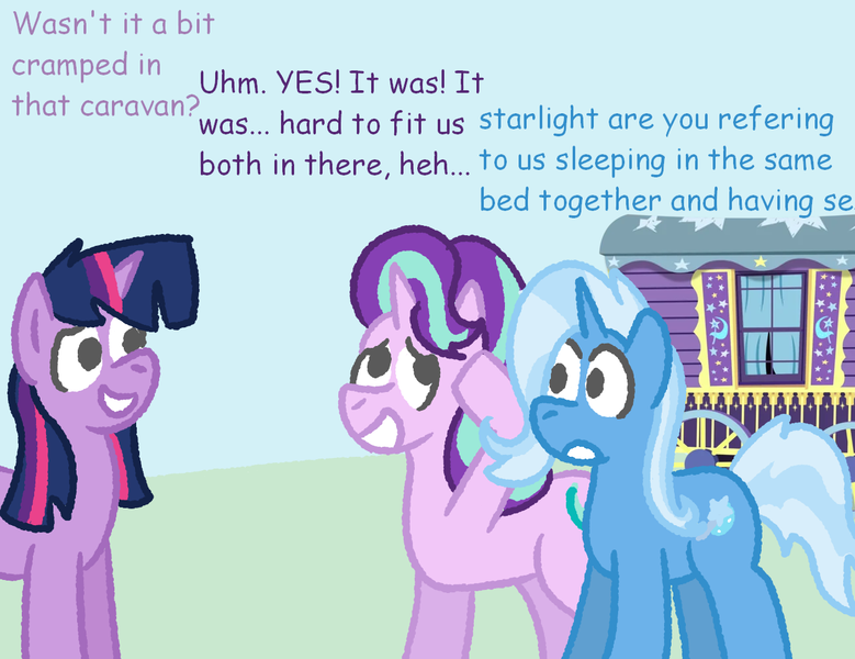 Size: 1299x1000 | Tagged: safe, artist:zoeyhorse, derpibooru import, starlight glimmer, trixie, twilight sparkle, twilight sparkle (alicorn), alicorn, pony, unicorn, g4, road to friendship, dialogue, female, grin, horn, image, implied sex, lesbian, mare, no pupils, png, shipping, smiling, startrix, trio, trio female, trixie's wagon, wagon