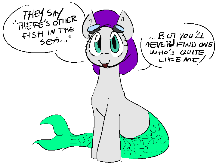 Size: 728x557 | Tagged: safe, artist:anonymous, derpibooru import, oc, oc:flippers, unofficial characters only, merpony, pony, g4, clothes, colored, comic, female, female oc, fish tail, flat colors, goggles, hat, image, looking at you, mare, one-panel comic, png, simple background, sitting, solo, speech bubble, swimming cap, swimming goggles, tail, talking to viewer, white background