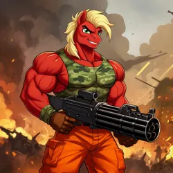 Size: 1024x1024 | Tagged: safe, ai content, derpibooru import, generator:google imagen 3.0, machine learning generated, prompter:zerowinger, big macintosh, anthro, earth pony, clothes, cosplay, costume, fire, g.i. joe, great macintosh, grin, gun, image, jpeg, machine gun, male, minigun, muscles, roadblock, smiling, solo, weapon